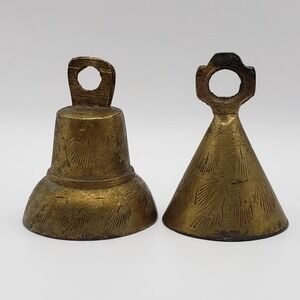 Vintage 1950s Mid Century Modern India Brass Etched/Engraved Bells (Set of 2)